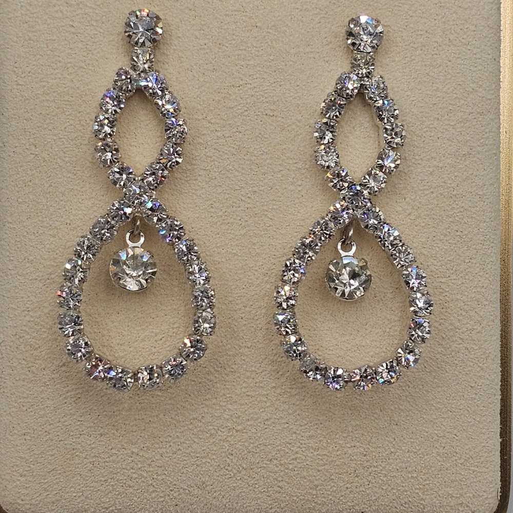 Y2K Clear Crystal Rhinestone Double Teardrop Drop Earrings Formal Bridal Sparkle - Picture 14 of 15